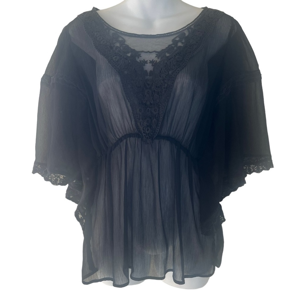 Free People Sheer Embroidered Cinch Waist Lace Blouse Size M